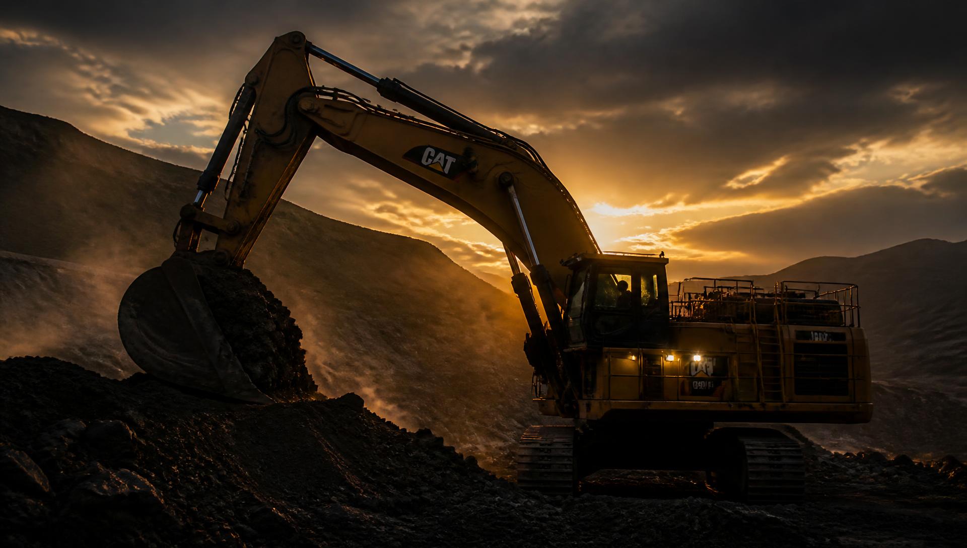 Excavadora de gran tonelaje operando en una mina a cielo abierto al atardecer